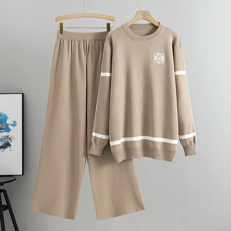 European and American style fashion temperament women's autumn and winter new item knitted sweater+wide leg pants two-piece set