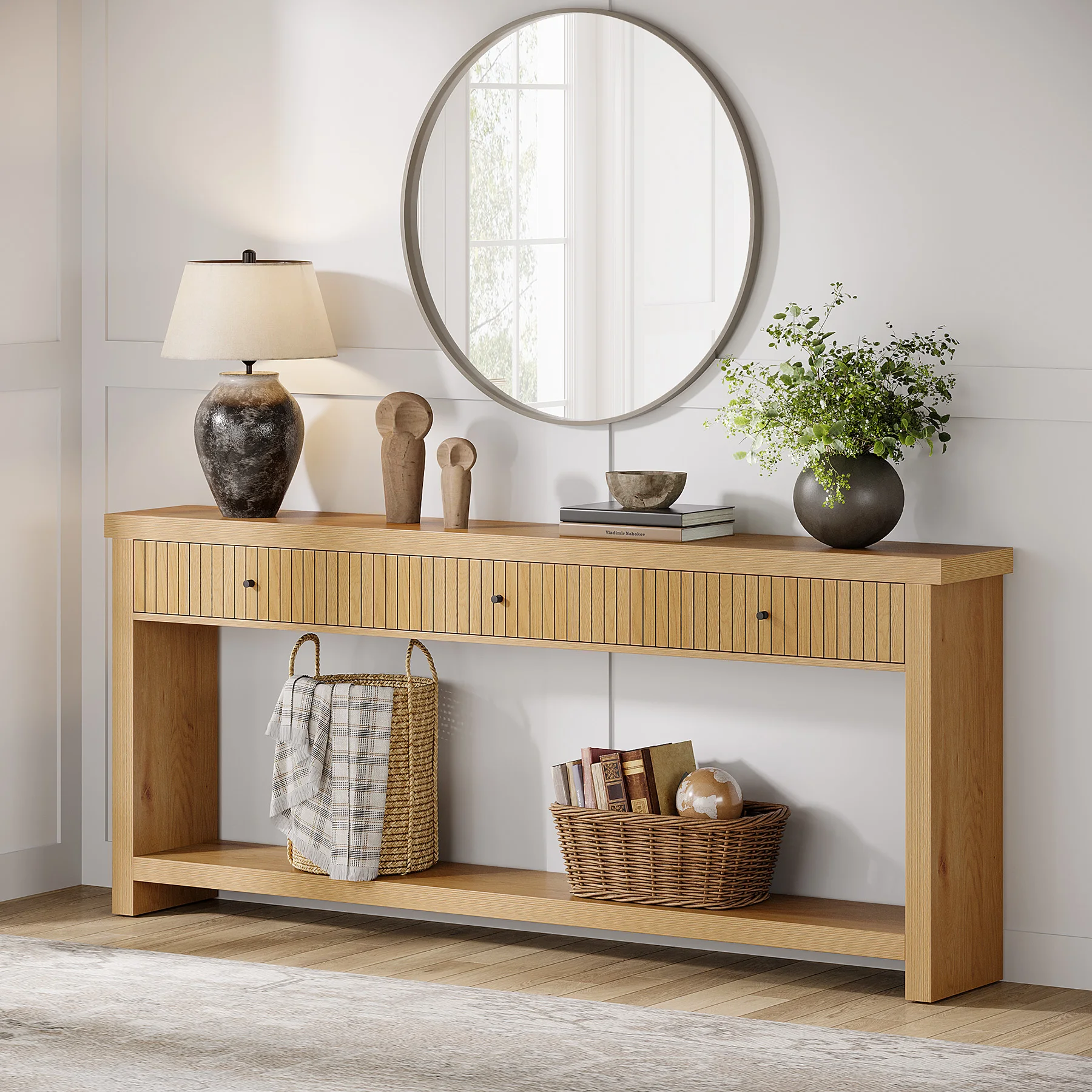 Tribesigns 70.9 inch Console Table with 3 Drawers, Extra Long Entryway Table, Wood Sofa Table Oak Furniture with Open Storage Shelves Wooden Couch Table