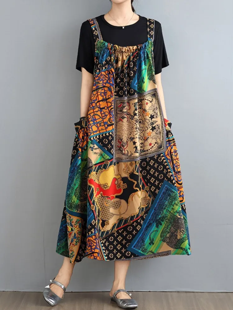 

Oversized Summer Sleeveless Strap Dress Women Bohemian Style Print Fashion Ladies Strap Dresses Loose Ruffle Woman Dress