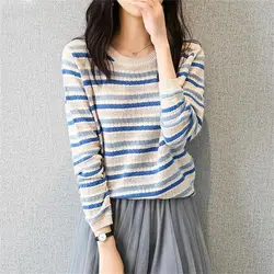 Striped Knitted Sweater Women's 2024 Autumn New Pullover O-Neck Screw Thread Bright Line Decoration Casual Long Sleeve Tops