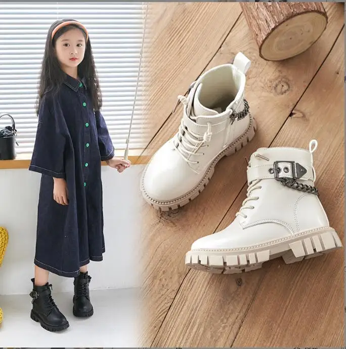 Fashion Girls Leather Boots Metal Chains Add wool Stitching Princess Boots Kids Leather Soft Sole Boots Children Black Boots