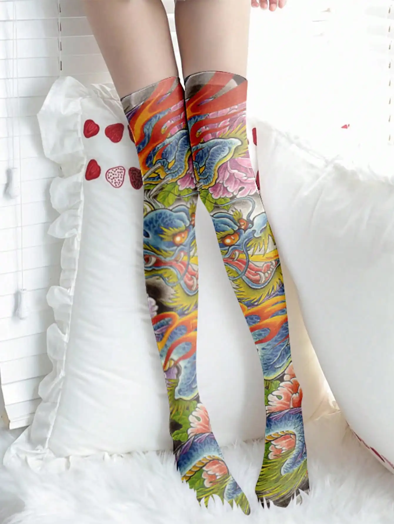 

Dragon Print Thigh High Stockings for Daily Wear, Vibrant Asian Art Design