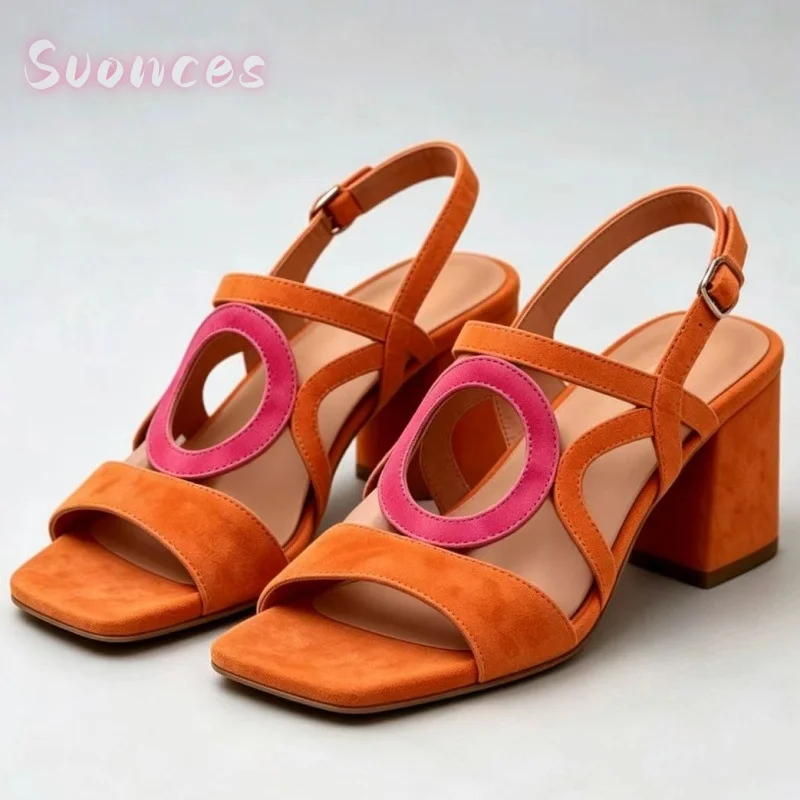 Hollow Circular Cutout Strappy Slingback Sandals Adjustable Buckle Suede Texture Open Toe Summer Casual Mid Heel Sandals
