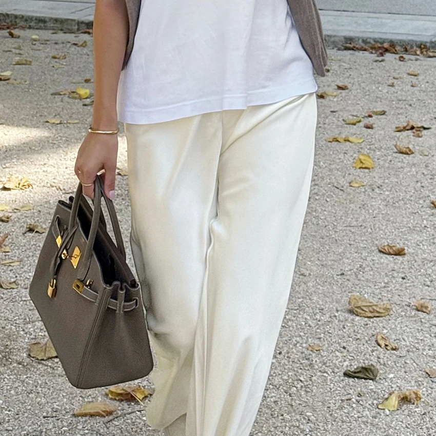 Linad élégant marron Satin pantalon à jambes larges femmes automne mode Beige taille haute pantalon rue Chic soie pantalons longs femme 2025