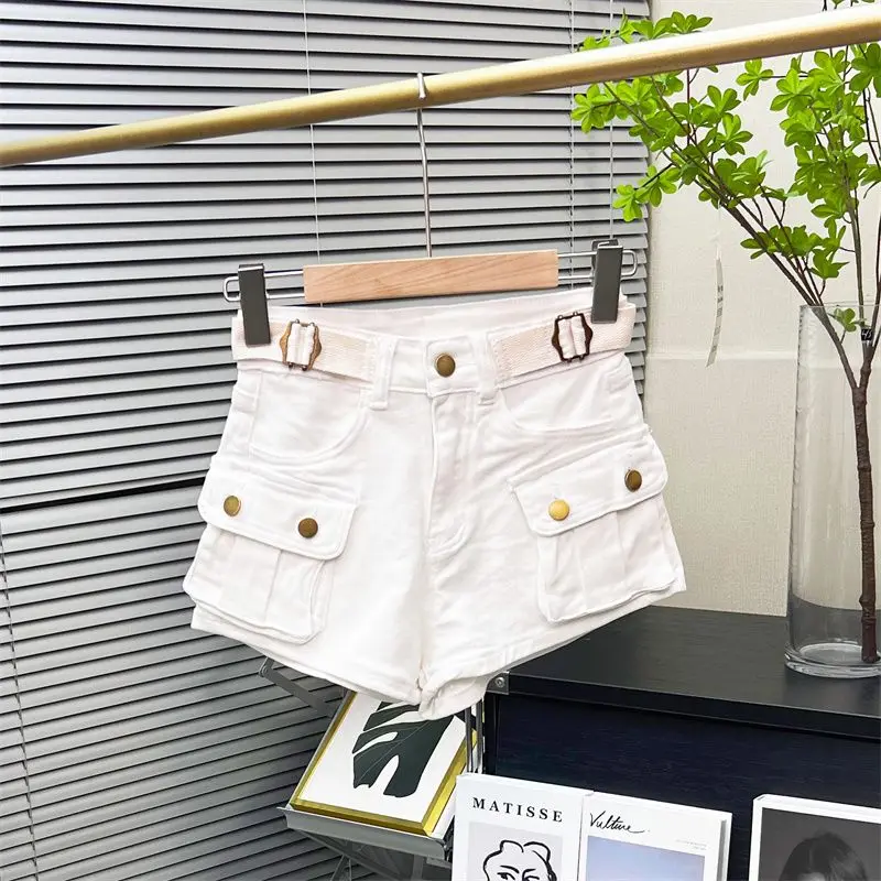 Y2KLarge Pocket Workwear CowboyShorts Female Elastic Self Cultivation New Summer High Waisted Lifting Buttocks Hottie Pants Belt