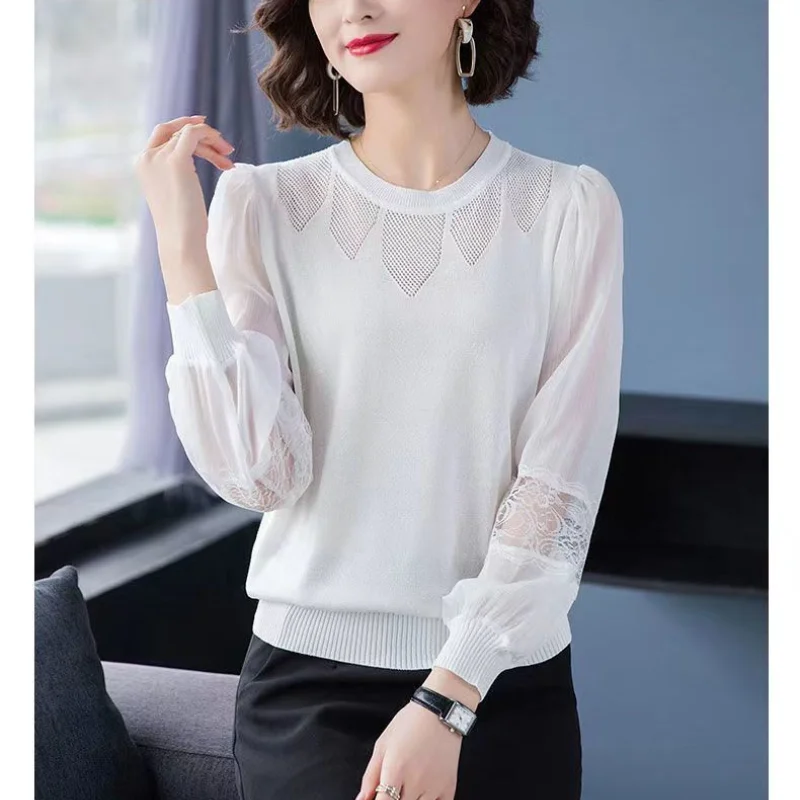 Women\'s Clothing 2023 Autumn and Winter New Fashion Hollow Out Solid Color Round Neck Long Sleeve Versatile Commuter Pullover