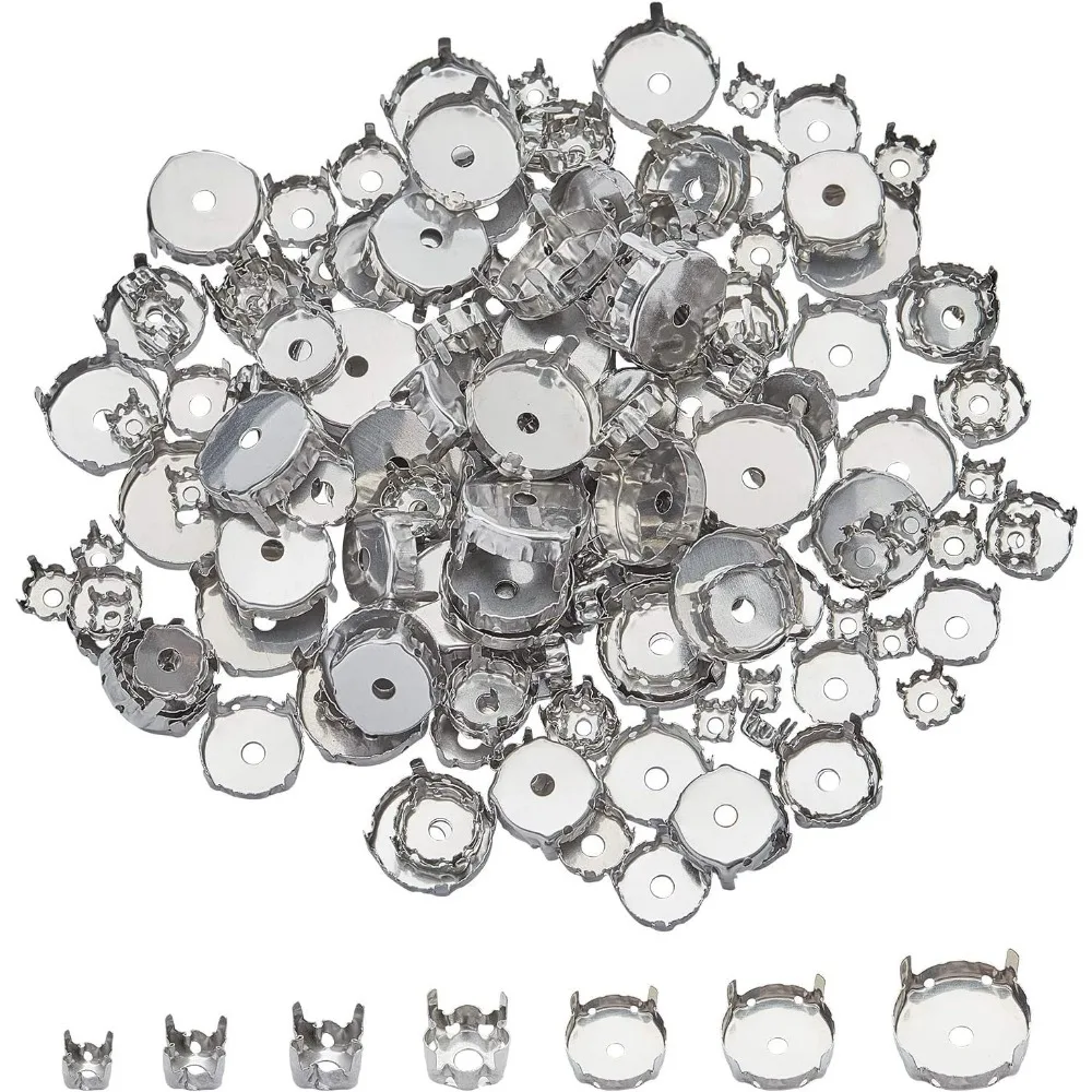 7 Sizes About 350pcs 6/8/10/12/14/16/18mm Stainless Steel Rhinestone Claw Settings Flat Round Empty Claw Set making kit