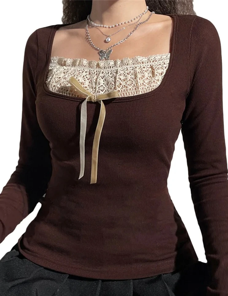 

Y2k Women's Long Sleeve Knitted Tops Lace Stitching Neckline Knitwear Bowknot