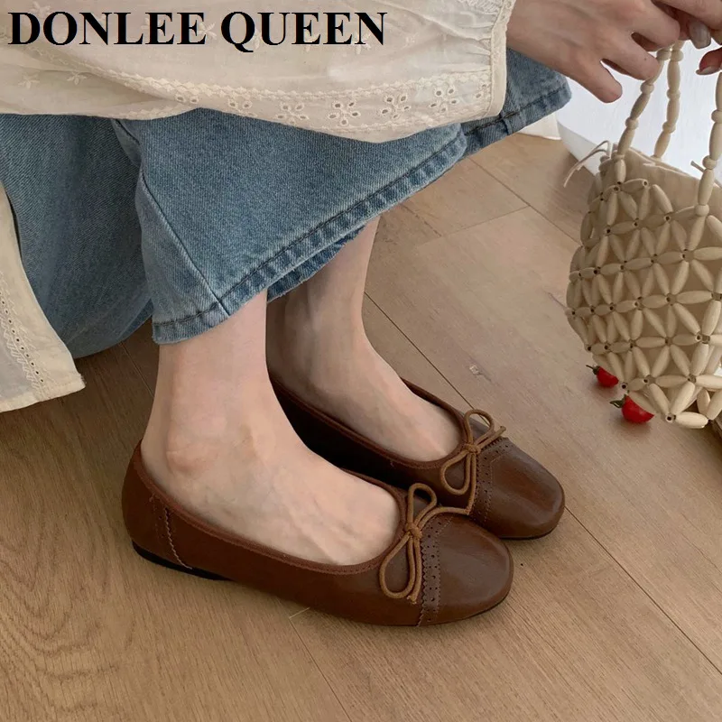 Classic Female Flats Ballerina Shoes Women Fashion Brand Round Toe Ballet Bow Knot Shallow Moccasin Slip On Loafer Big size Muje