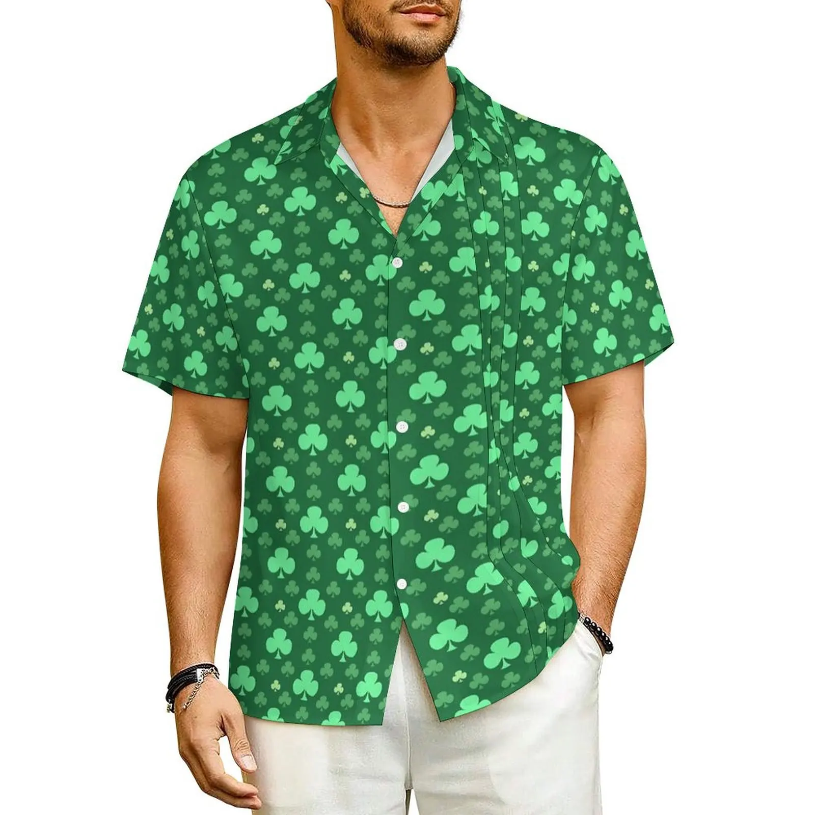 

Summer Shirt Vacation St Patricks Day Blouses Shamrock Print Vintage Casual Shirts Men Short Sleeve Streetwear Oversize Clothing