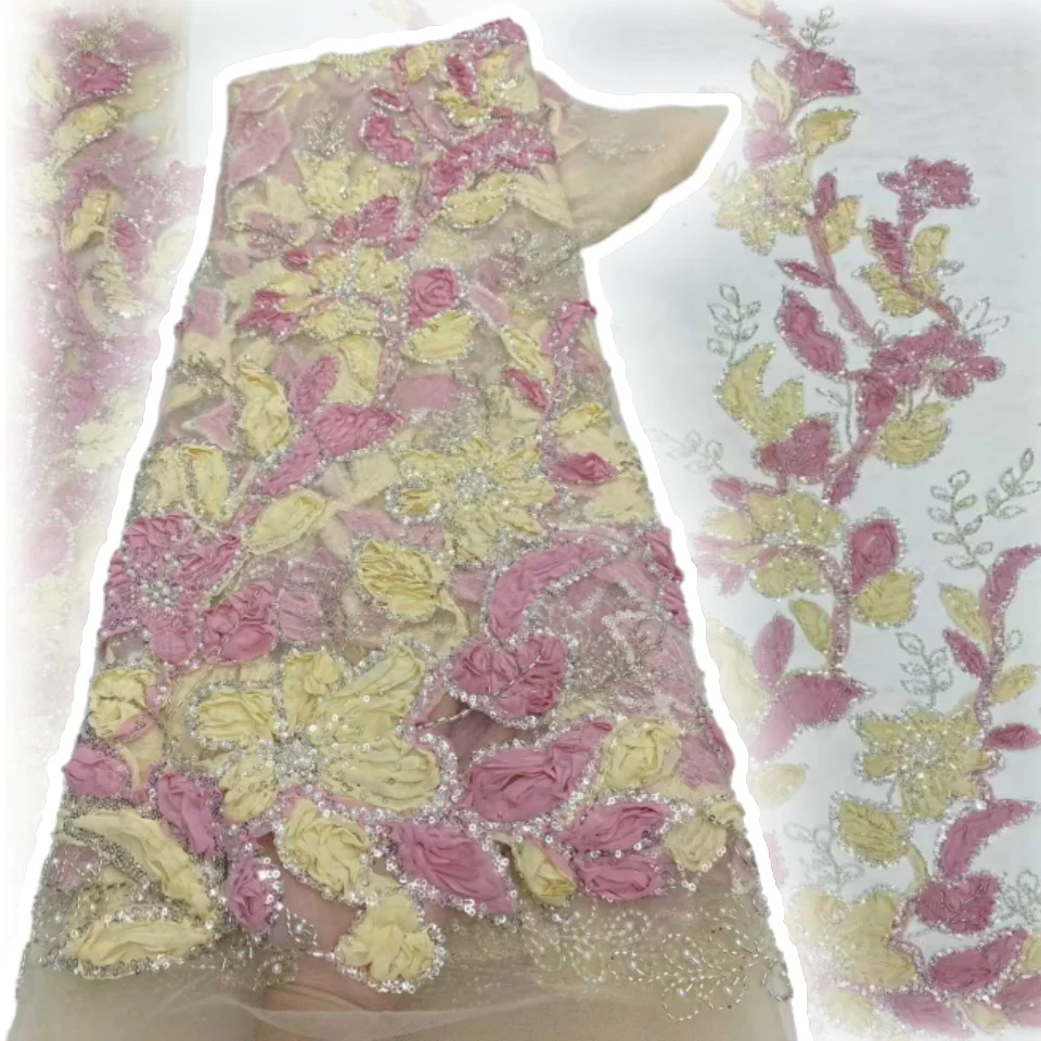 ผ้าลูกไม้ปักลายดอกไม้ 3 มิติ ล่าสุด ผ้าลูกไม้ฝรั่งเศสประดับเลื่อมหรูหราสไตล์ไนจีเรีย สำหรับตัดเย็บชุดเดรสงานเลี้ยง งานแต่งงาน รุ่น TP1551