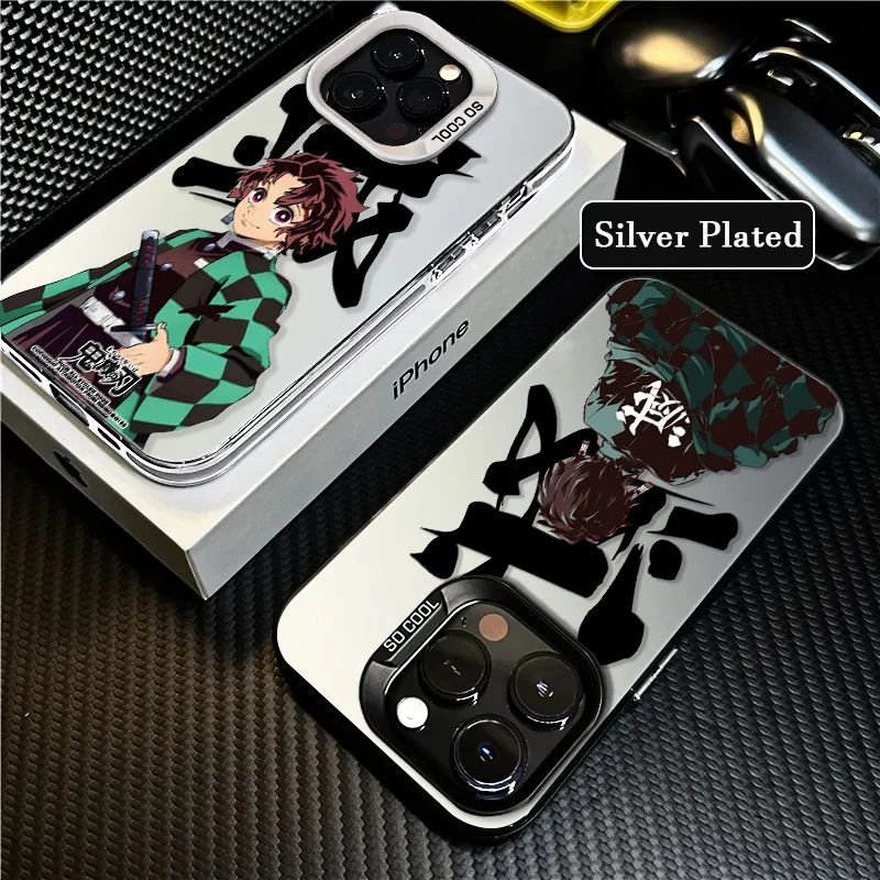 Japanese Anime Demon Slayer For Apple iPhone 15 14 13 12 11 XS XR X 8 7 Pro Max Plus mini Colored Silver Plated Inside Cover