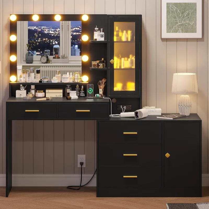 

Makeup Vanity Desk with Mirror and Lights, Vanity with Ambient Light & Charging Station, Vanity Table with Drawers & Shelves