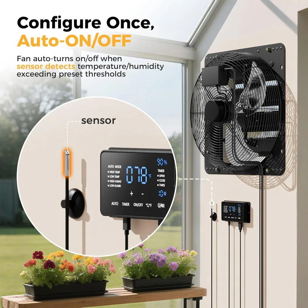 Ventilatore di scarico a parete a 10 velocità con motore EC da 16 pollici e touchscreen da 6 pollici per il controllo della temperatura, dell'umidità e della velocità