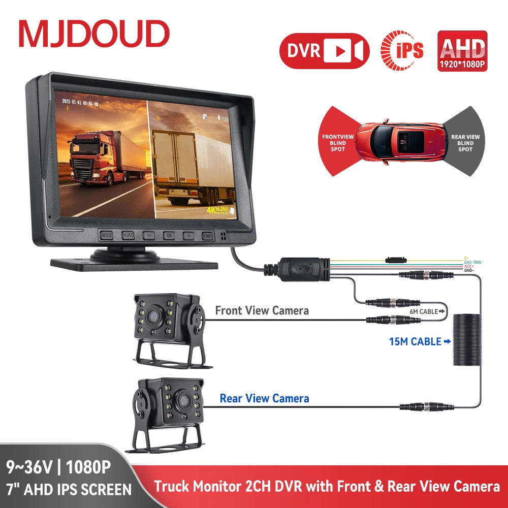 MJDOUD 7 Inch AHD Car Rear View Monitor 1920*1080 Recording DVR with Vehicle Truck 2 Night Vision Backup Camera Support SD Card