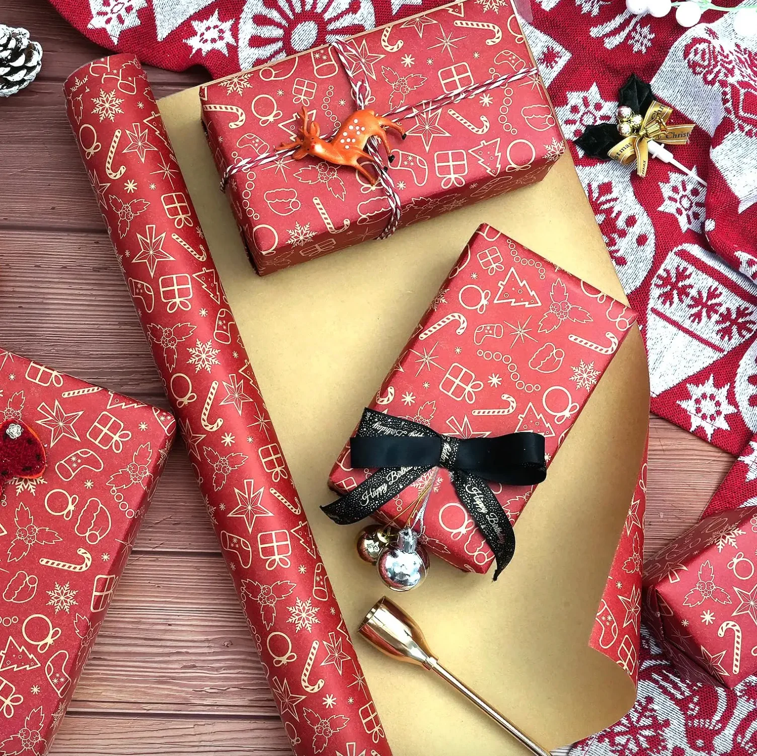 1 Rolle (43cm*300cm) Weihnachts-Kraftpapier Rotes Kraft-Geschenkpapier für Feiertage, Weihnachten, Geschenkverpackung mit Schneeflockenmuster, Weihnachtsfeier – Detail 2