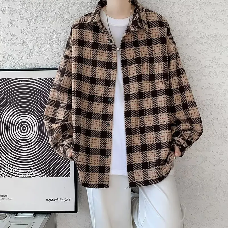 

Summer Large Size Men's Plaid Woolen Jaet Casual irt Sle Coat Breathable Spring Youth Faion Outerwear Long Sve