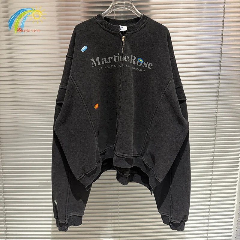 26FW خمر غسلها الأسود المرقعة مارتين روز جاكيت زيبرا الرجال النساء 100% القطن المتضخم سترات للعبة البيسبول معطف مع العلامة