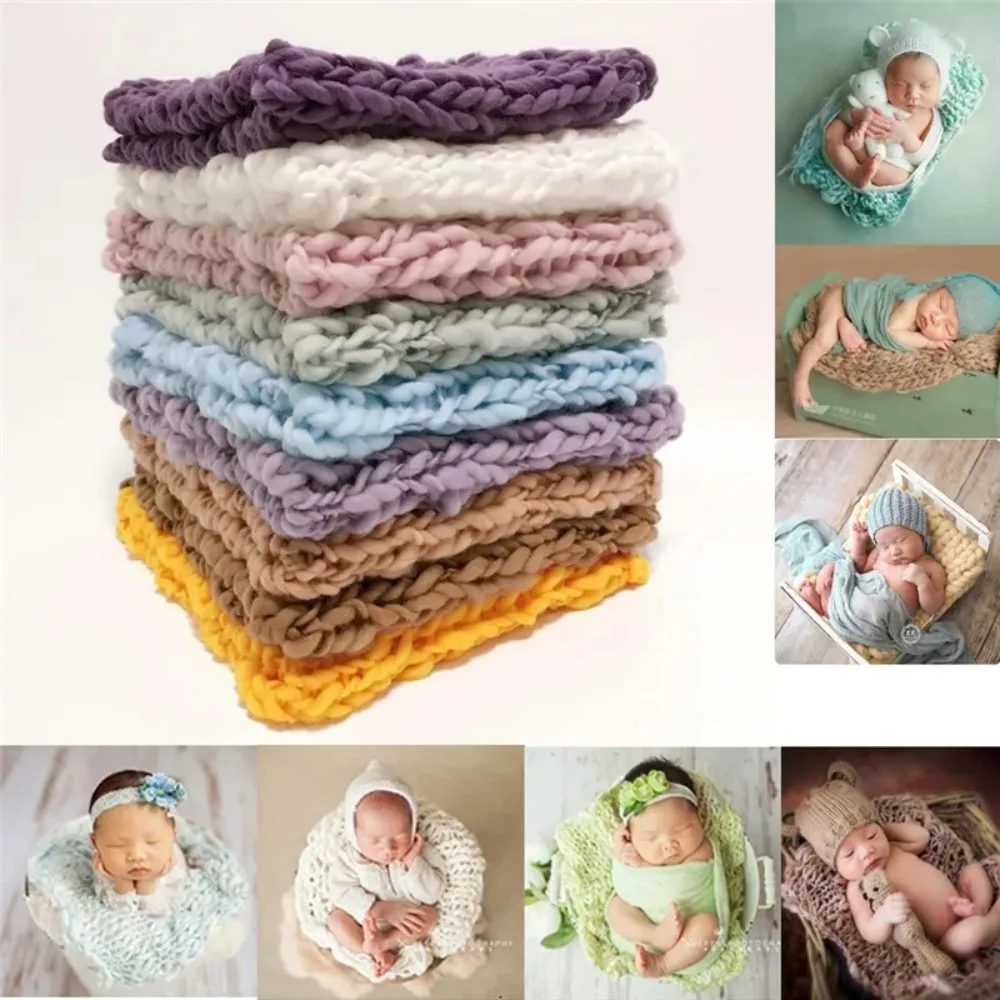 Crochet Newborn Photography Props Blanket 50×50cm Multifunctional Baby Photo Shoot Basket Handmade Durable