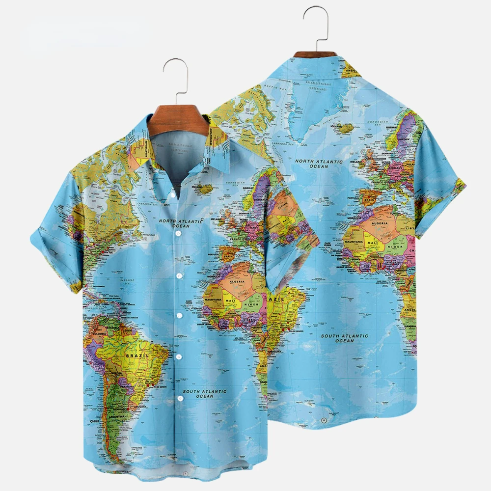 Summer Men\'s Shirts World Map Digital Printing Oversized Buttons Short Sleeves Loose Casual Slim Fit Shirts Fashion European Siz