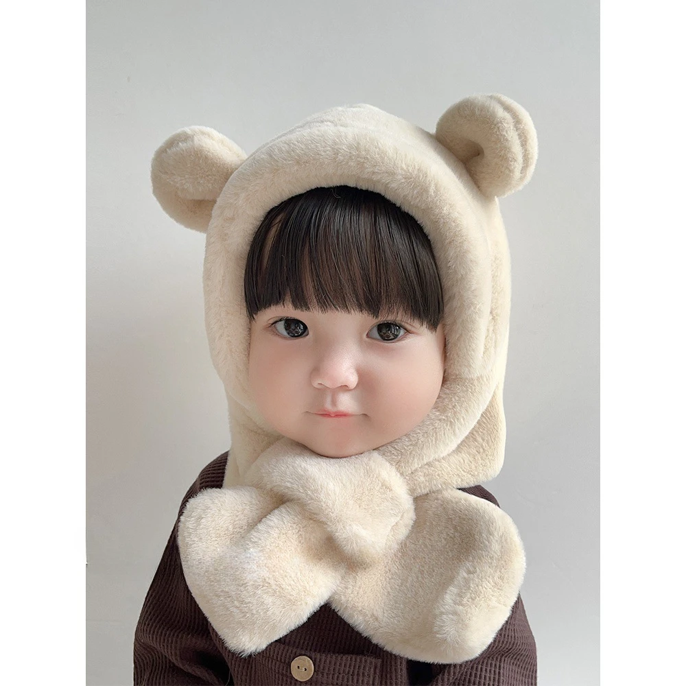 

Winter Baby Hat Scarf One-Piece Faux Fur Kids Hats Cartoon Bear Warm Neck Ear Cap for Boys Girls Windproof Beanies Infant Stuffs