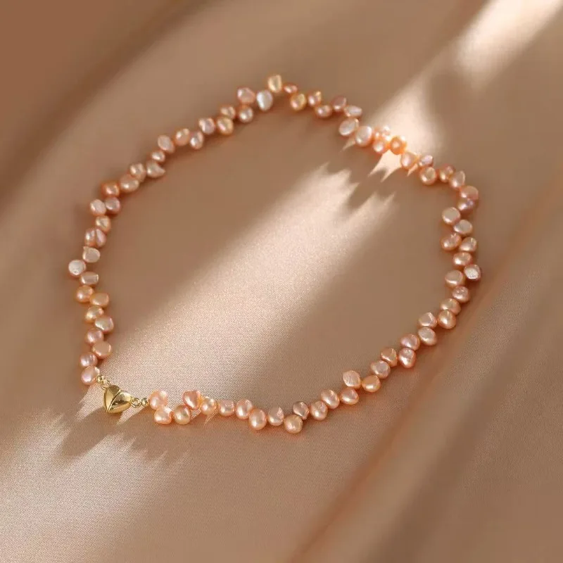 French Pink Purple Irregular Freshwater Pearl Beaded Necklace for Women Real Gold Plated Copper Chain Heart Magnet Chokers