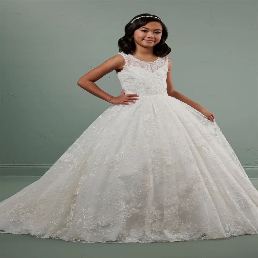 

New Ivory Flower Girl Dress Elegant Big Bow Birthday Lace Appliqué Fluffy First Communion Baptism Banquet Wedding Dress