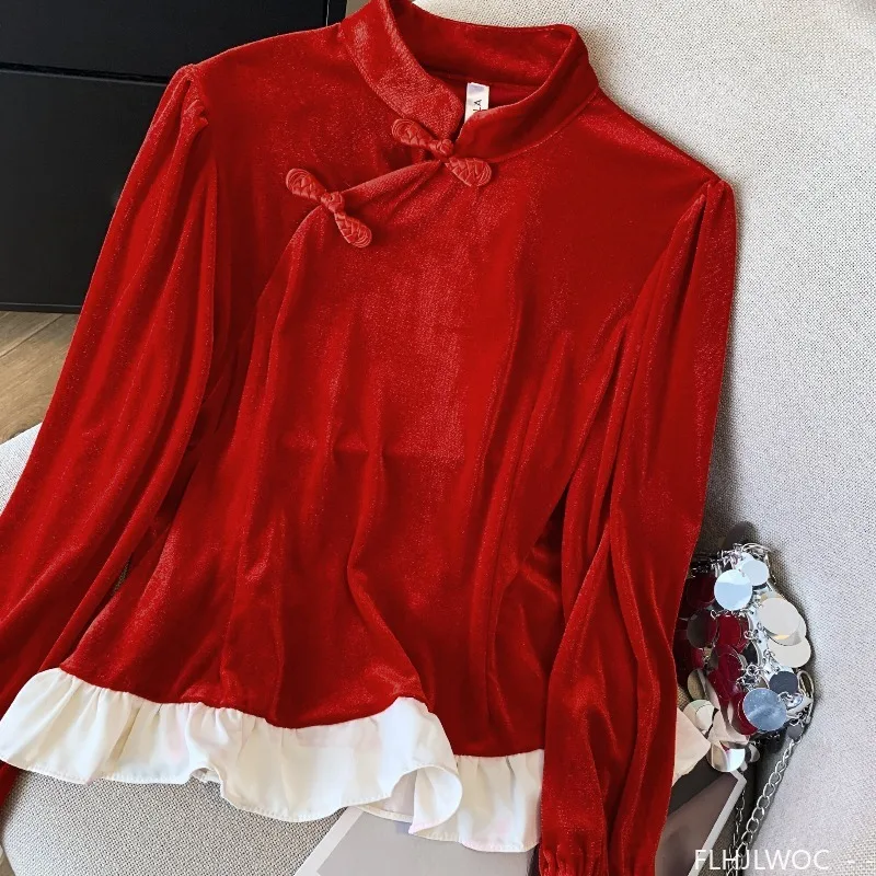 Nieuwjaar Kerstmis Rode Tops Blouses Vrouw Lange mouw Elegante dame Retro Vintage Knop Basics Shirts Opstaande kragen Ruches Top