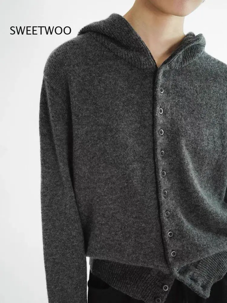 Women's 2025 Autumn/winter 100% Pure Cashmere Hooded Cardigan - European Thick Knitted Jacket
