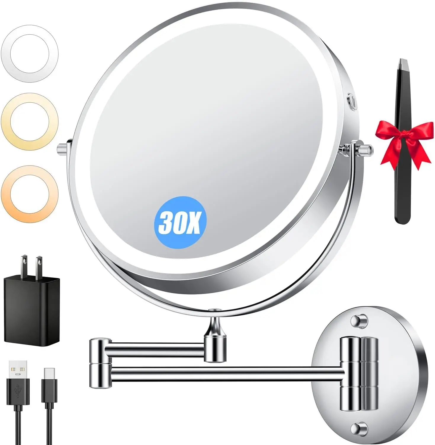 Specchio per trucco da parete da 9'' con luce, ingrandimento 30X/1X, batteria ricaricabile da 5000 mAh, touch dimmerabile 3 colori