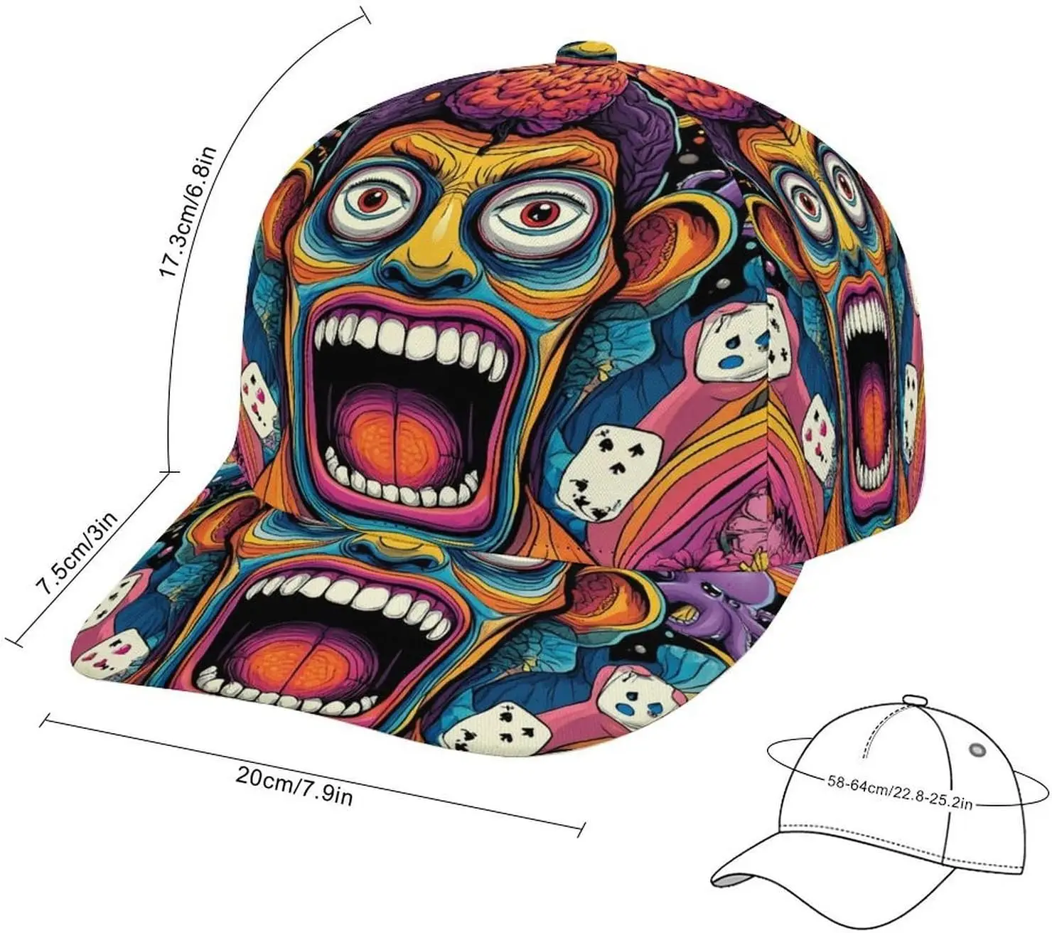 Trippy Screaming Face Card Print Hat Cool Baseball Hat Summer Breathable Snapback Trucker Caps Gift for Men Women