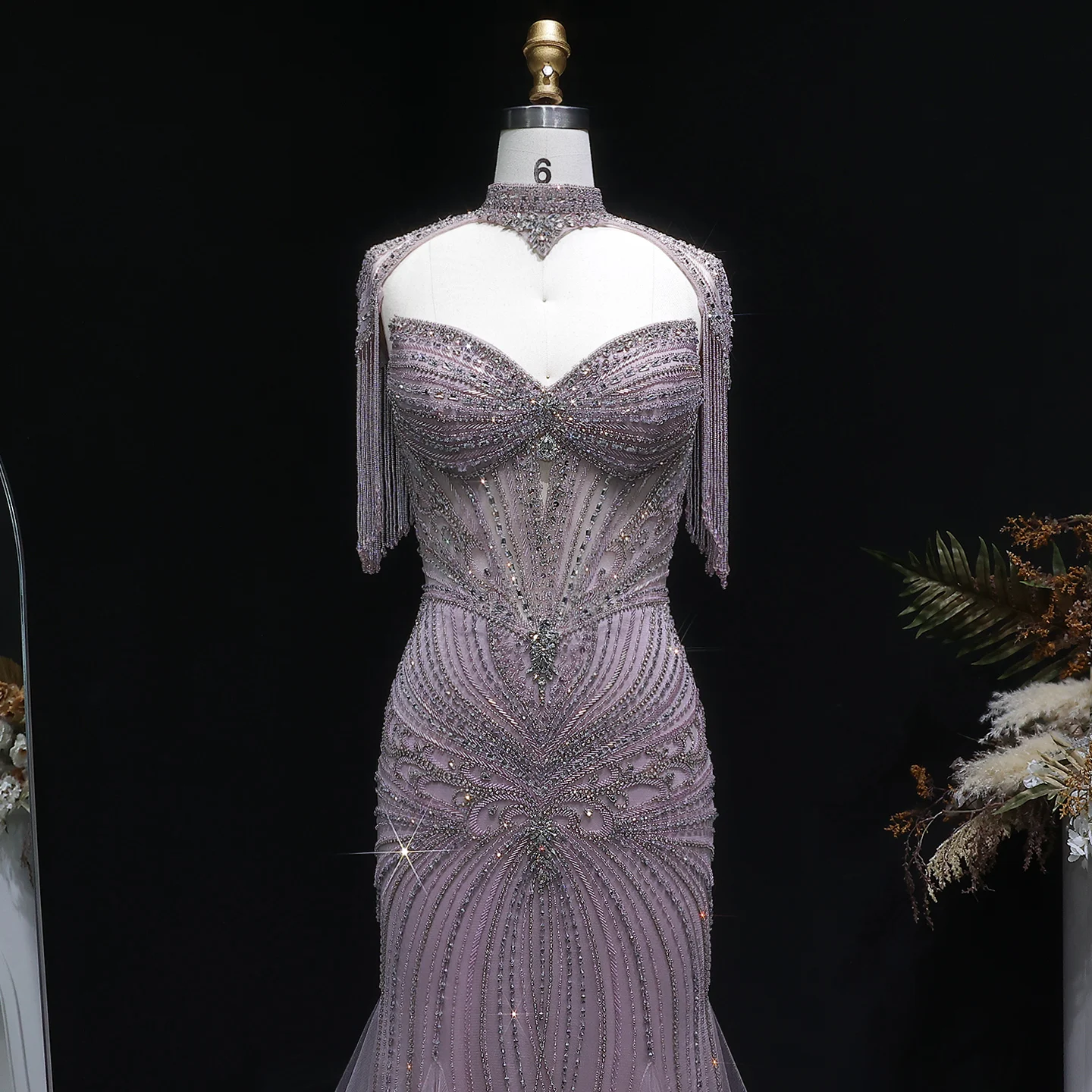 Sharon Said Elegantes Champagner-Meerjungfrauenkleid mit Cape-Ärmeln, Kristallperlen, Blaues Hochzeitskleid, SS021, Maßanfertigung – Detail 32