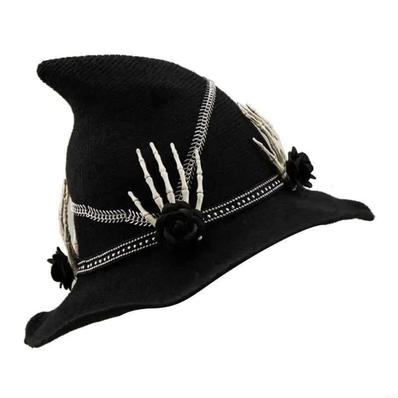 قبعة الساحرات للهالوين 39BC مع هيكل عظمي لحفلات اليد قبعة ساحرة للجنسين قبعة ساحرة مدببة للبالغين والأطفال زي تنكري خوذة #2