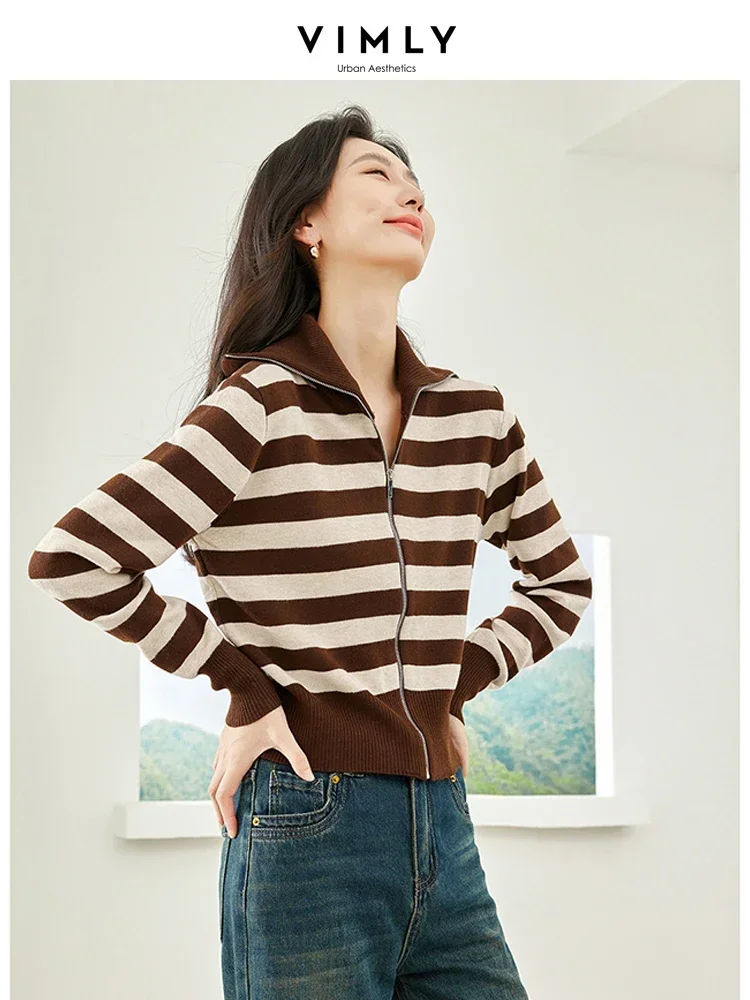 Vimly Contrast Striped Zipper Knitted Cardigan Vintage Women's Long Sleeve Top 2023 Autumn Casual Lapel Coat Woman Clothes 72701