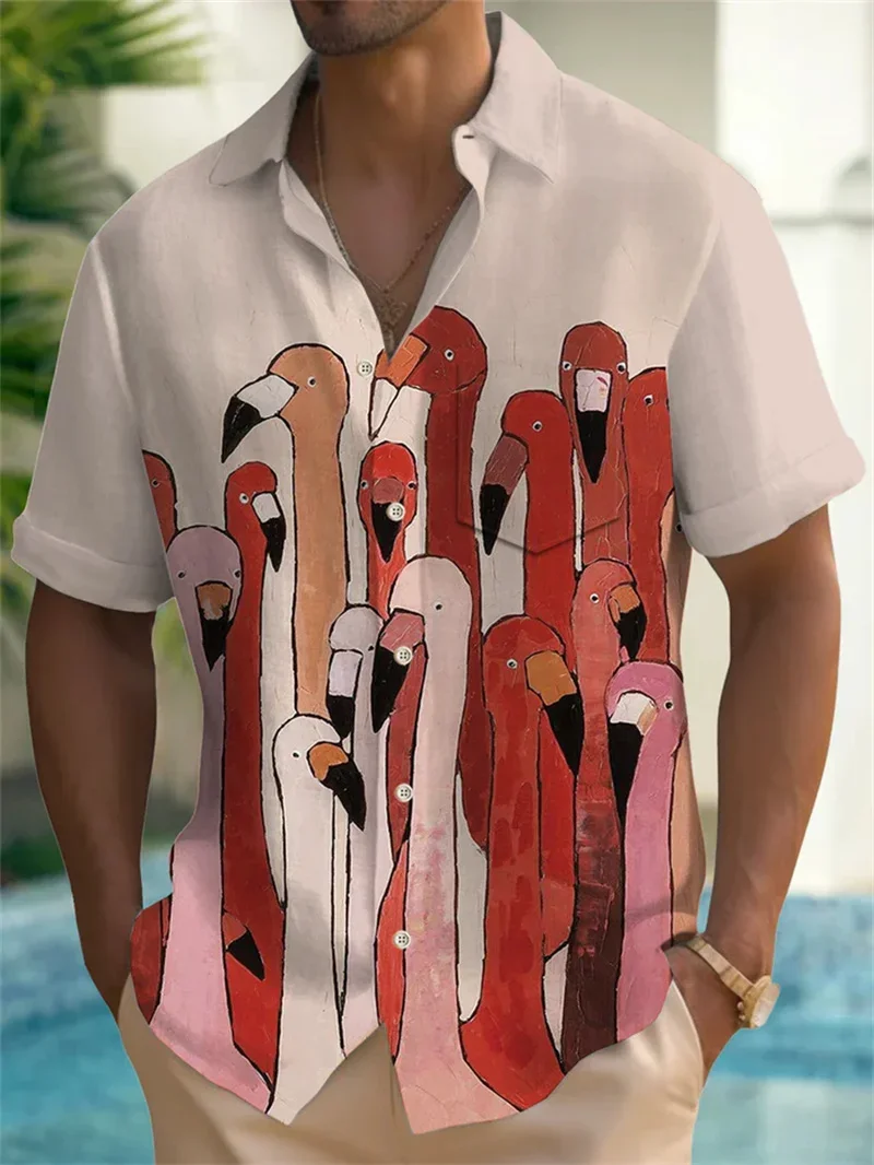 Men's Personalized Custom 3D Flower and Bird Shirt Short-sleeved Lapel Button Hawaiian Beach Outdoor Shopping Fashionable Thin