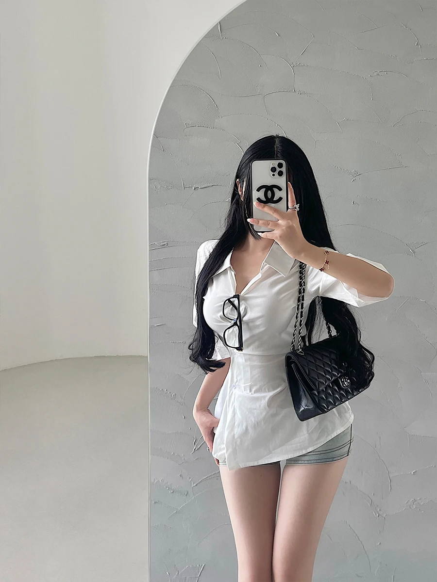 

Sexy Pleated Waist Cinched Single Button Pure Desire Collar Shirt Top for Young Girls Cotton Slim Fit Shirt Ladies Fashion