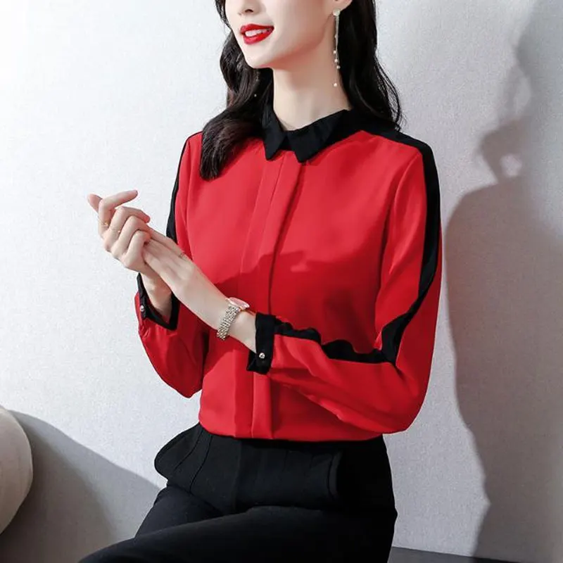 Office Lady Contrasting Colors Patchwork Shirt Women's Turn-down Collar Spring Autumn Long Sleeve Bright Line Decoration Blouse