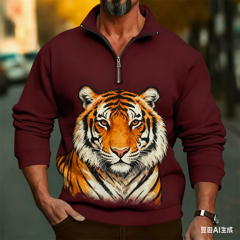 

3D Printed Tiger Lion Graphic Men's Zipper Sweatshirt Vintage Animal Pattern Long Sleeve Pullover Outdoor Street Casual Clothing