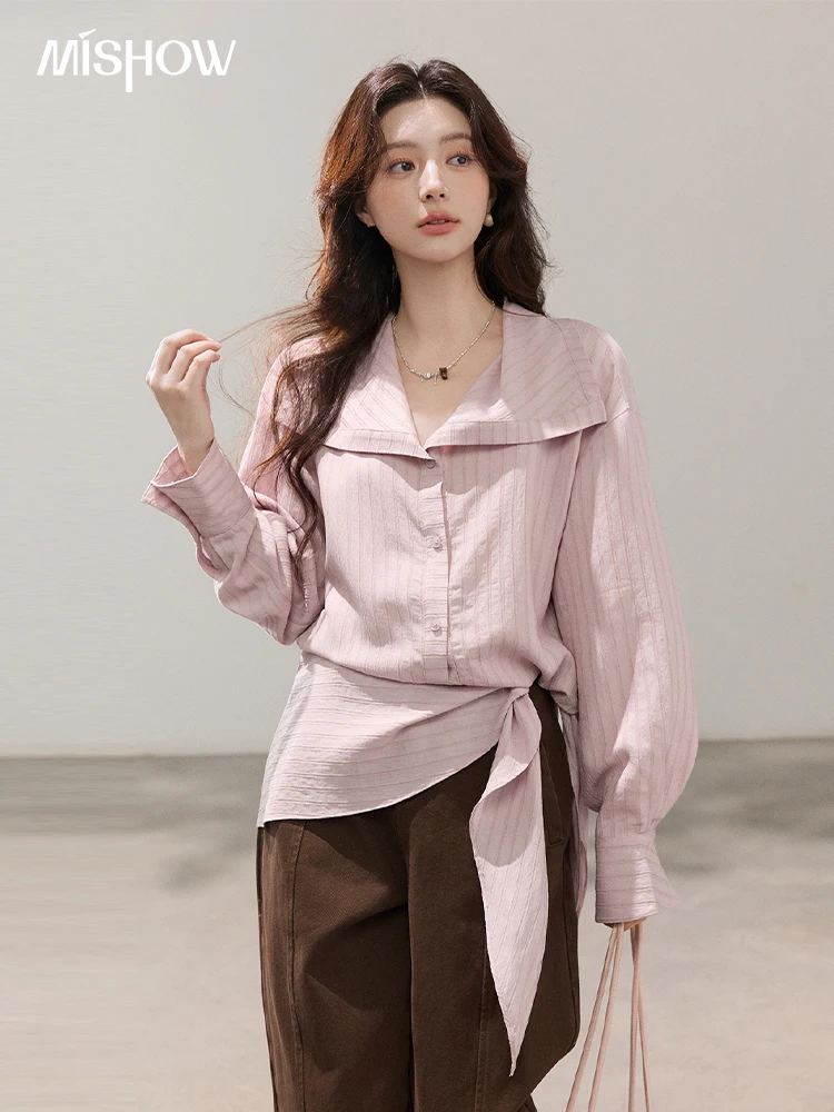 

MISHOW Women's Oversized Collar Striped Shirt 2026 Spring Asymmetric Tie Waist Casual Loose Pink Shirts Office Lady MXF15X2555