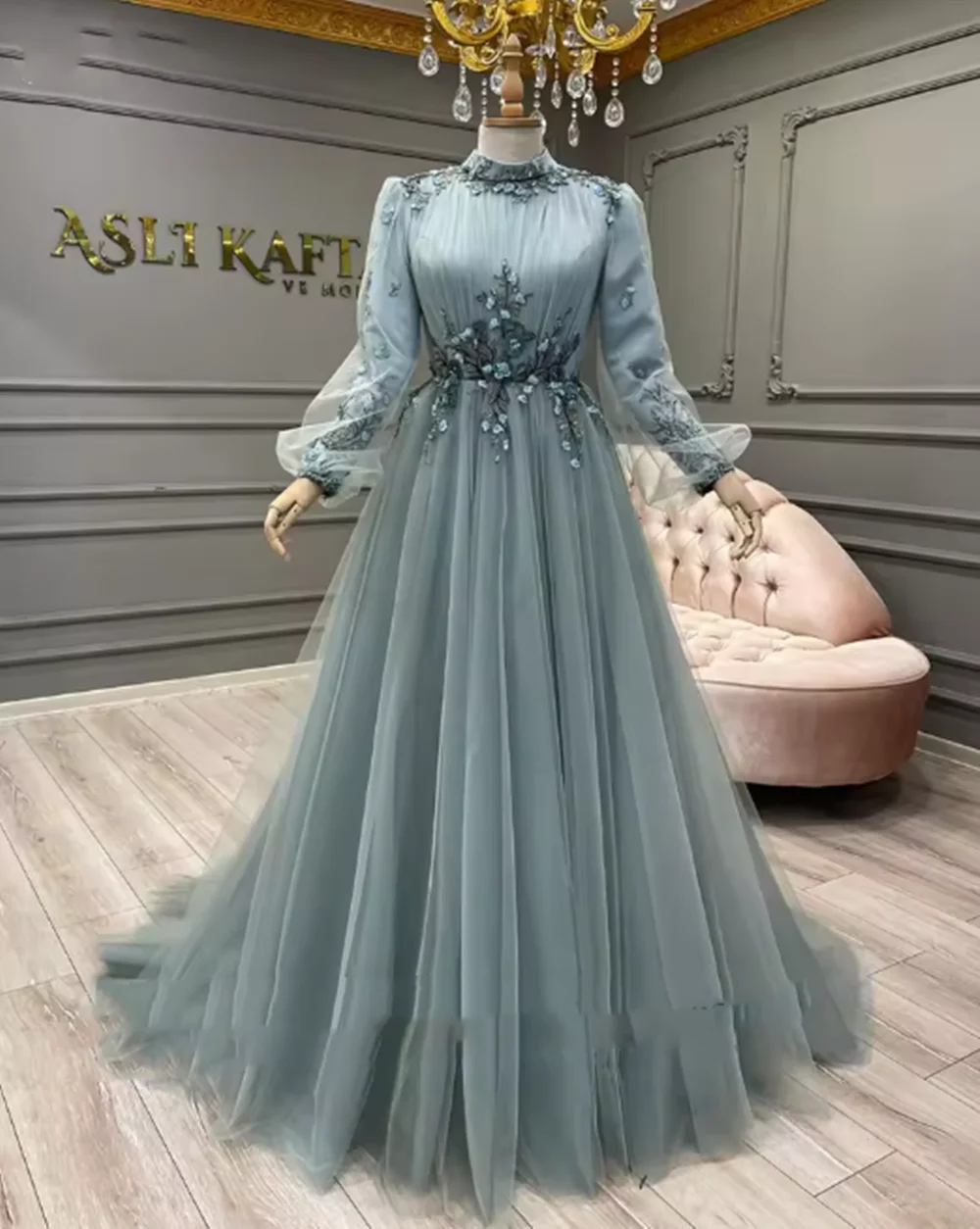 Vestidos De Noche musulmanes De manga larga, color azul polvoriento, una línea De tul con cuentas, flores, elegantes vestidos formales árabes De Dubái para graduación, bata De boda