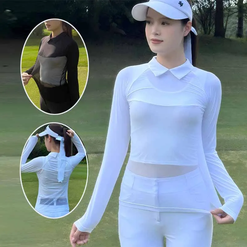 SG Women Golf Ice Silk Sunscreen Tops Polo Collar Cooling Base Shirts Ladies Mesh Breathable Long Sleeve T-shirt XS-XL