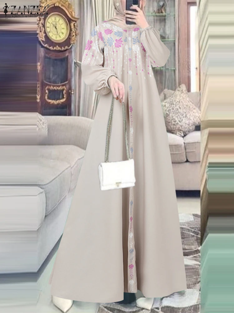 Moda muçulmano turquia abaya vestido zanzea feminino elegante manga longa impresso vestido de verão robe femme roupas islâmicas hijab vestidos