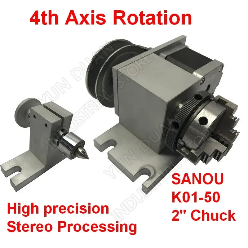 

4 Axis CNC Dividing Head A Axis Rotation K01-50 2 Inch Chuck 4th Rotary & MT2 Tailstock for Router Woodworking Engraving