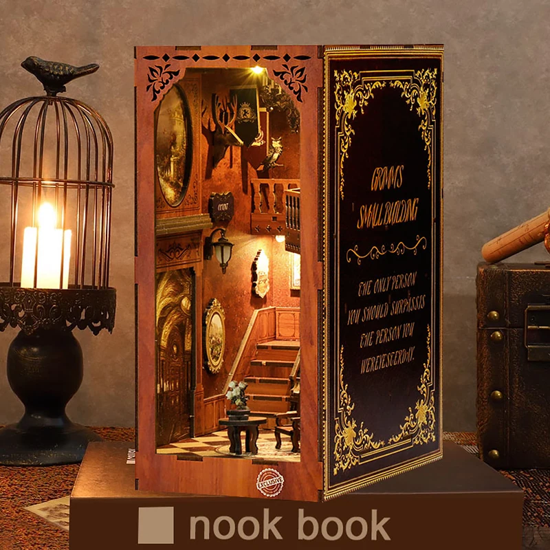 Fai da te Book Nook Kit casa delle bambole in legno libreria Set 3D Puzzle Assembly Building Model Room Bookshelf Insert Decor con luci a LED