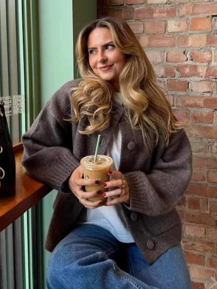 Pull à manches longues et col rond pour femme, manteaux Chic à simple boutonnage avec poches tricotées, couleur unie, automne hiver 2025