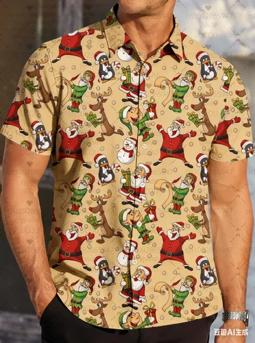 Imagen 2 del producto Camisa hawaiana navideña con solapa de manga corta y Reno de Papá Noel, camisas informales con botones para hombre, camisas de uso diario