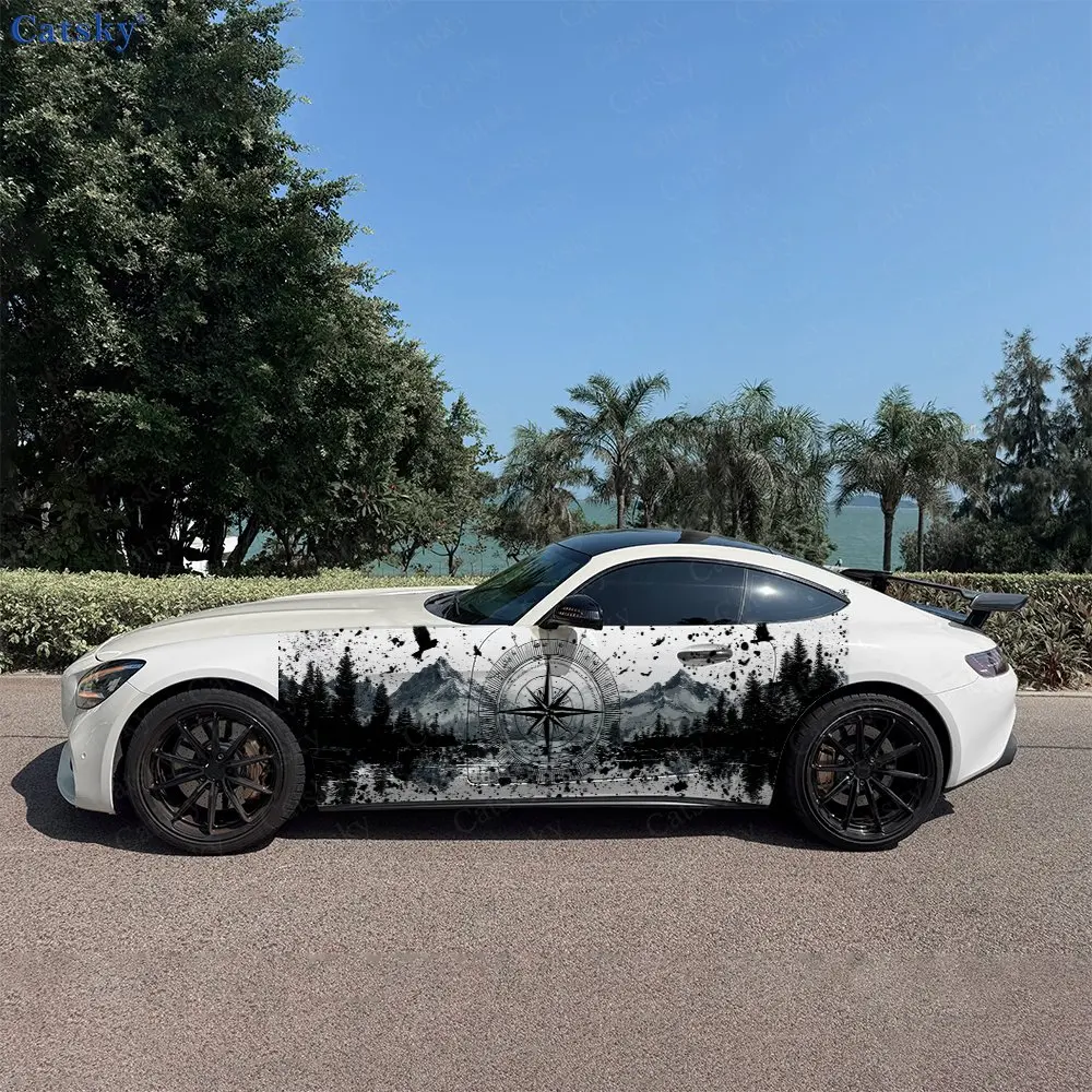 

Black Mountain Peaks Compass Splash Car Side Wraps, Self-Adhesive PVC Waterproof & Scratch-Resistant Sticker, Car Accessory Gift