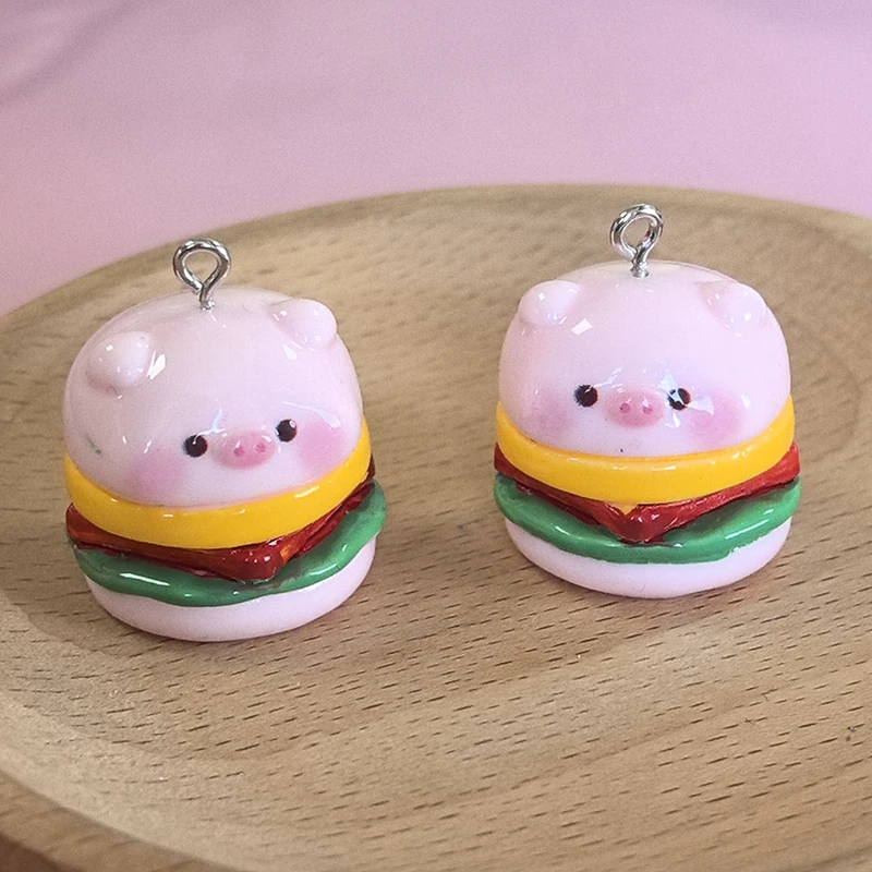 2Pcs Kawaii Pink Pig Hamburger Resin Charms Funny 3D Food Crafts Pendant for Bag Key Chains Necklace DIY Jewelry Make