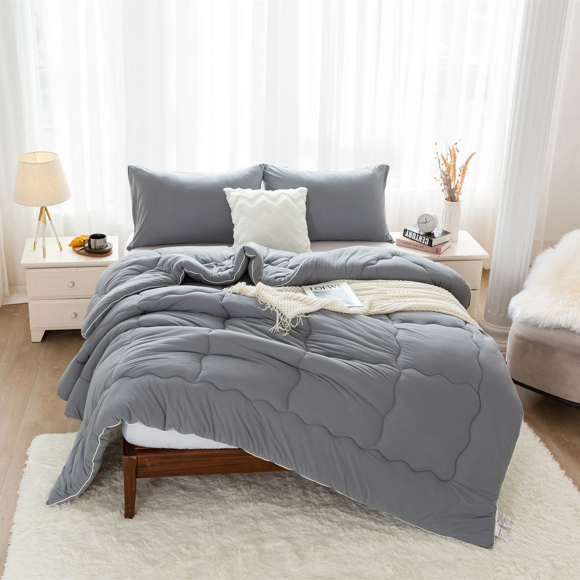 Dark Grey 1 Down Alternative with 2 Pillowcase for all season Warm  Medium Weight Cozy Breathable Bedding King Size