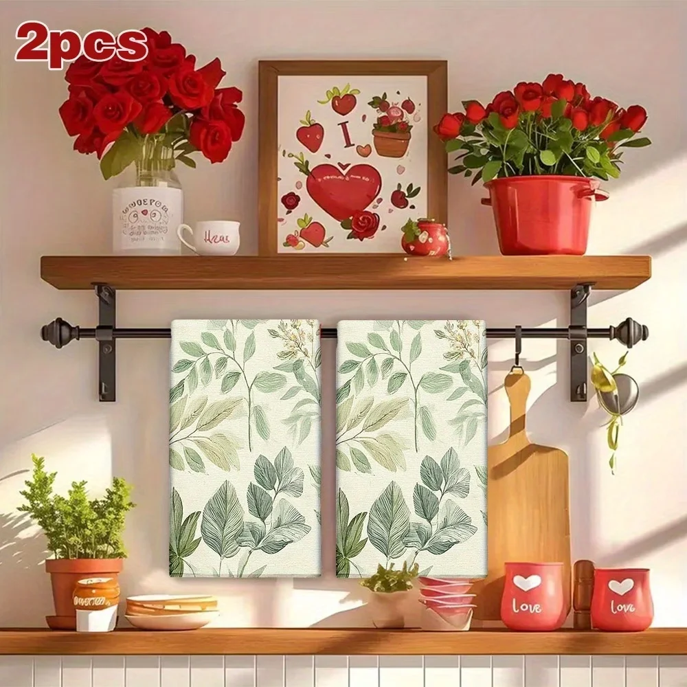 2-Pack Plant Leaf Pattern Design Kitchen Towels, Dish Towels, Hand Towels, Holiday Decorative Hand Towels, Soft Absorbent Drying Cloths, Kitchen Decor, Table Decor, Kitchen Supplies, Home Decor, Spring and Summer Floral Designs